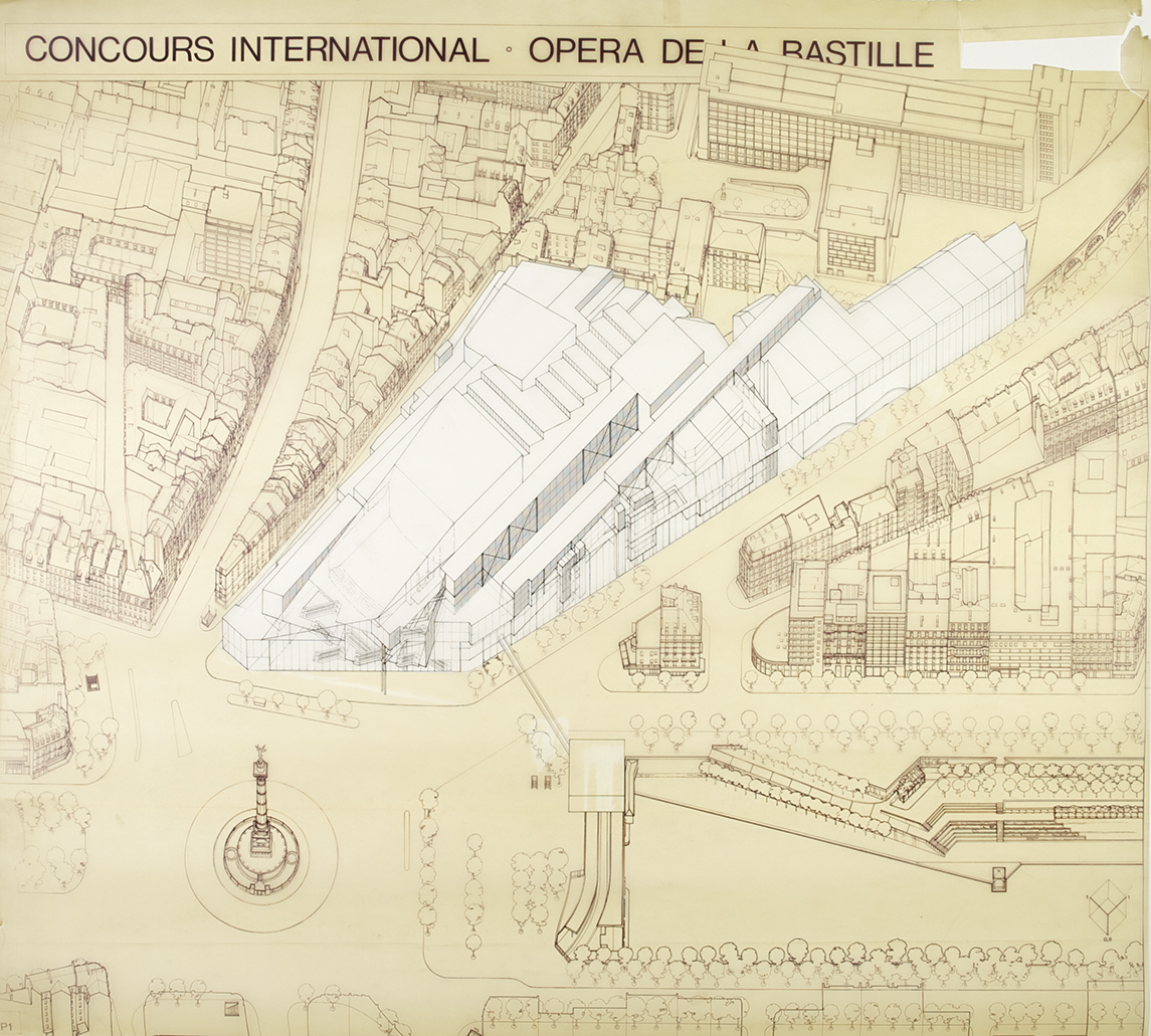 Zeichnung, Vogelperspektive von der Opéra de la Bastille
