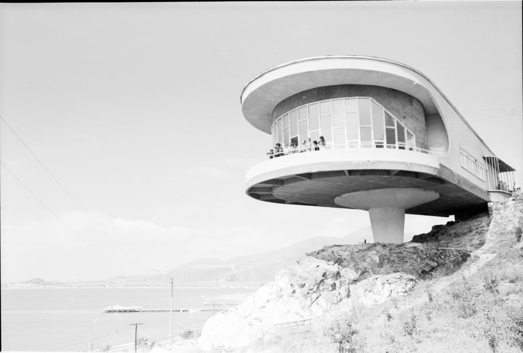 Exterior of boldly cantilevered dining room in the rest home of the Writers Association in Armenia