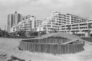 Housing development in black and white, with playground