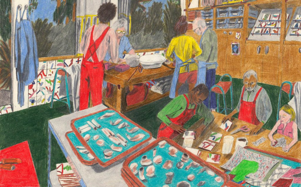 Coloured drawing of a workshop situation