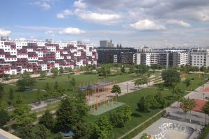 Large park lined by residential buildings