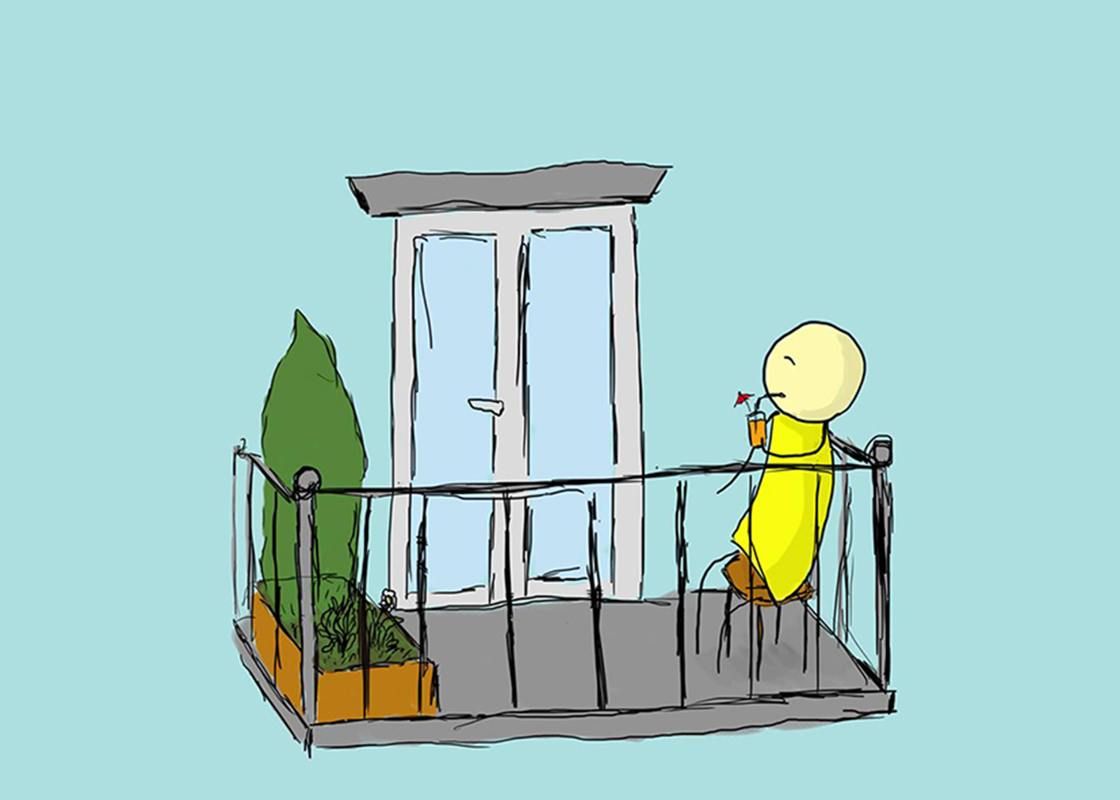 Das Comic zeigt einen Mann am Balkon