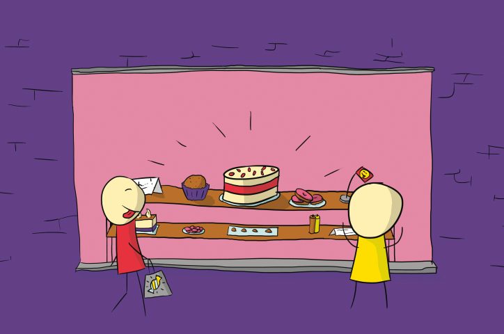 The comic shows two people in front of a shop window filled with large cakes and gateaux.