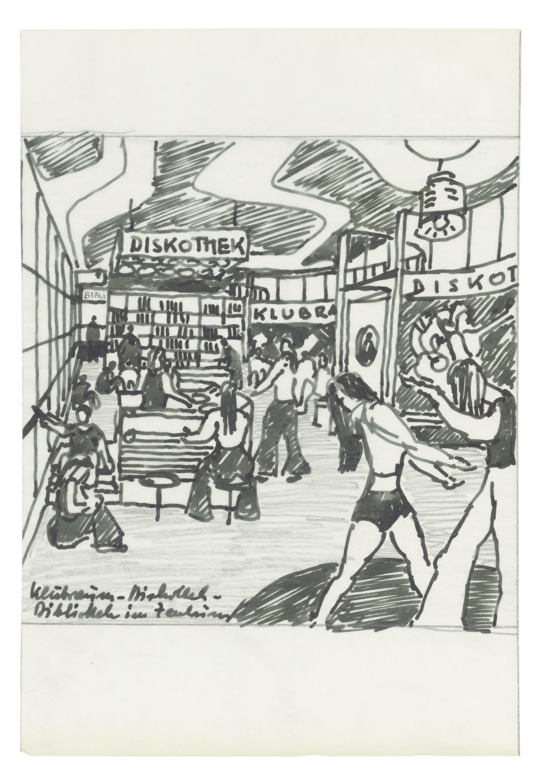 Zeichnung mit Menschen in einem Raum, der als Klubraum, Diskothek und Bibliothek dient