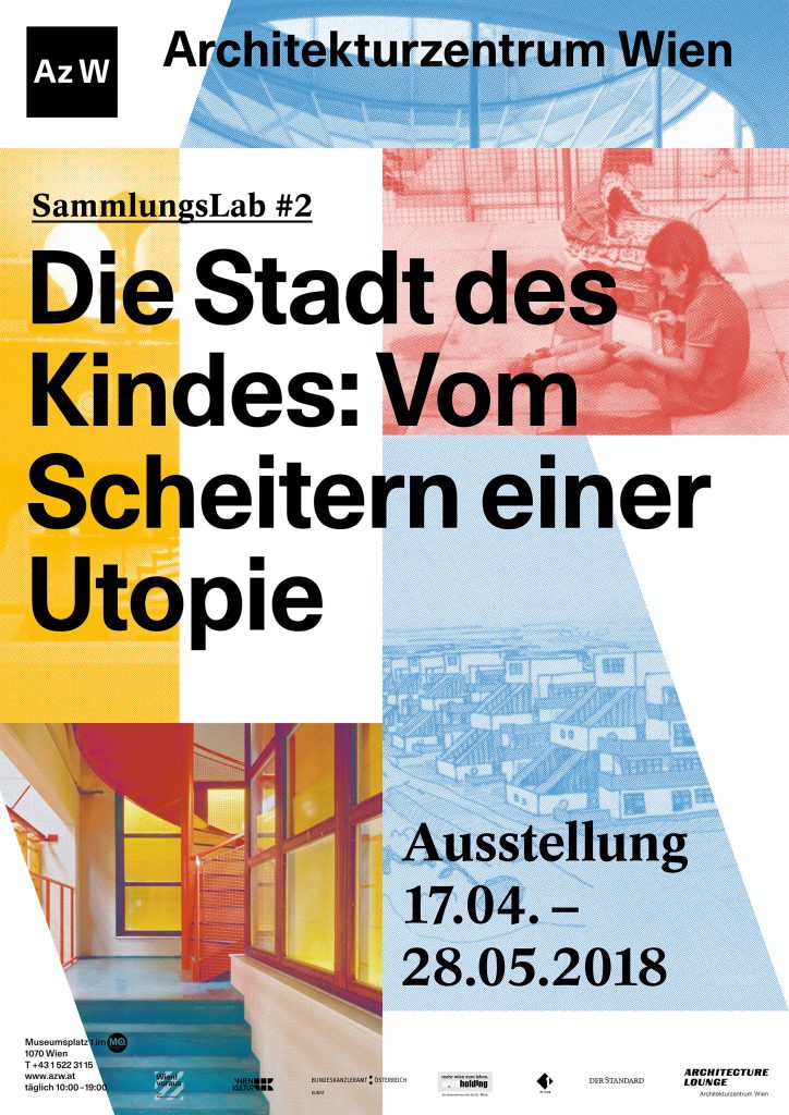 Plakat mit den Daten zur Ausstellung und bunt unterlegten Bildauschnitten mit Motiven der Stadt des Kindes