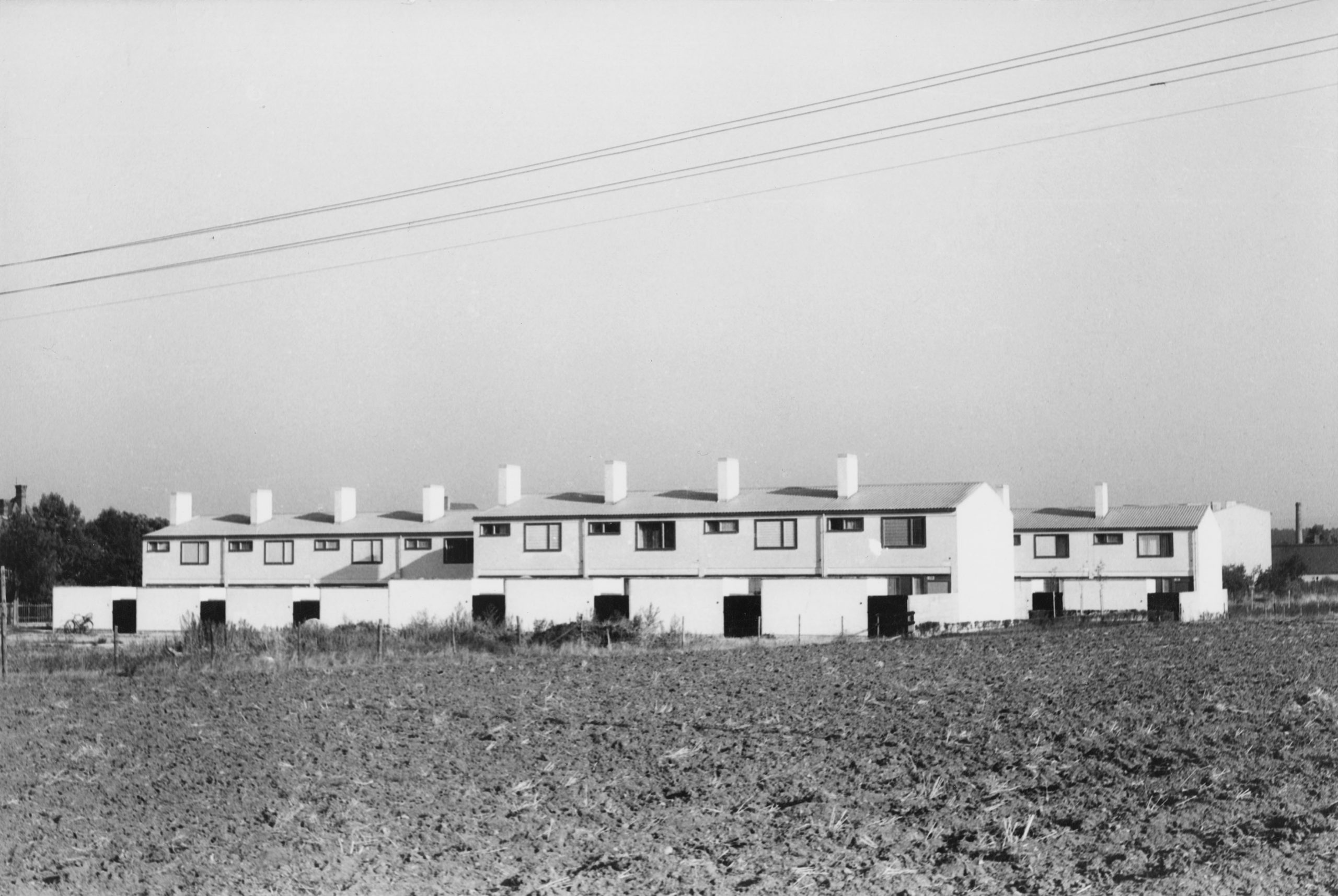 Wohnsiedlung mit einstöckigen Reihenhäusern; Grünfläche im Vordergrund
