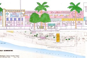 Zeichnung mit Palmen und rosa Gebäude