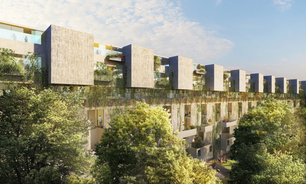 Multi-storey residential building with green façade and balconies