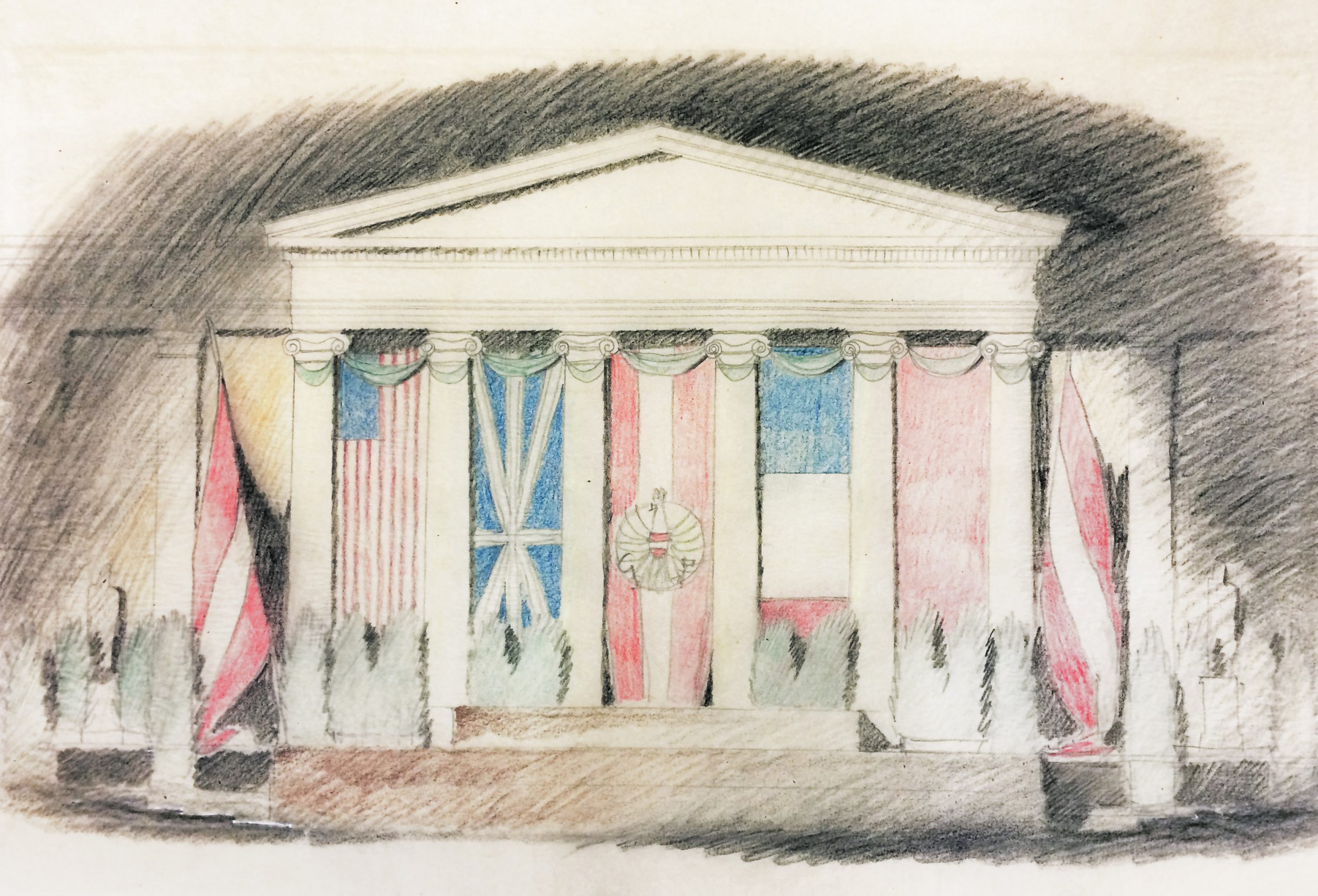 Coloured drawing of a building with the shape of a Greek temple with national flags