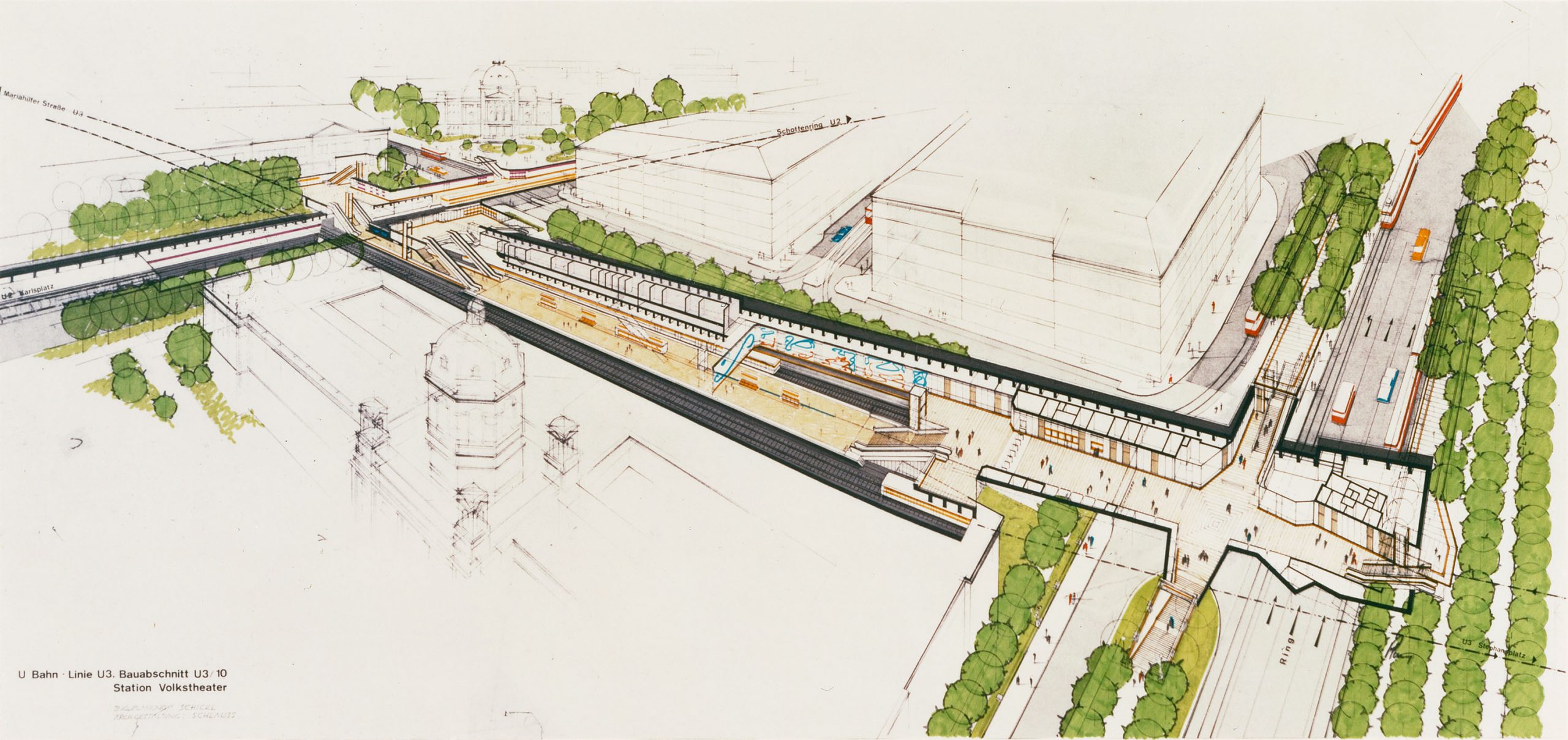 drawing of two building and a rail-bridge