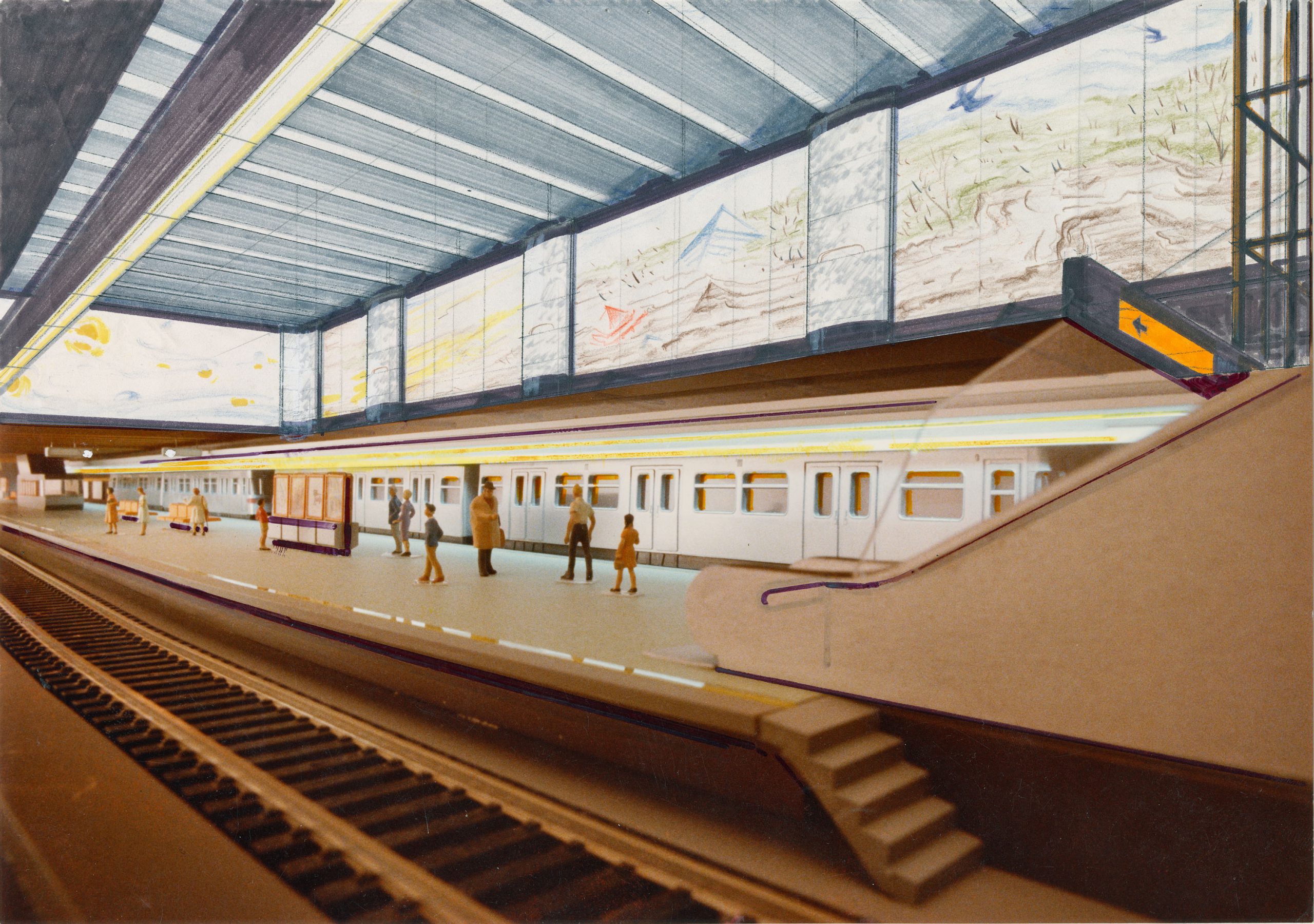 Photograph of a architecture model of a Metro station with rails and a train