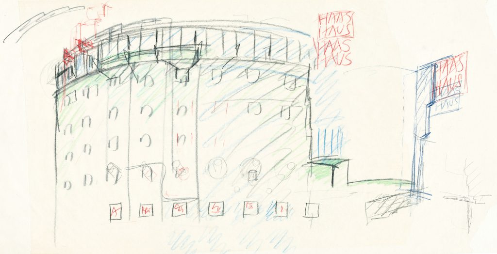 Coloured sketch of a multi-storey semicircular house