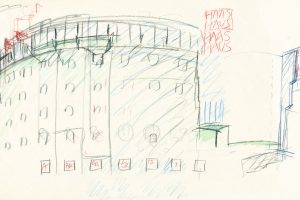 Coloured sketch of a multi-storey semicircular house