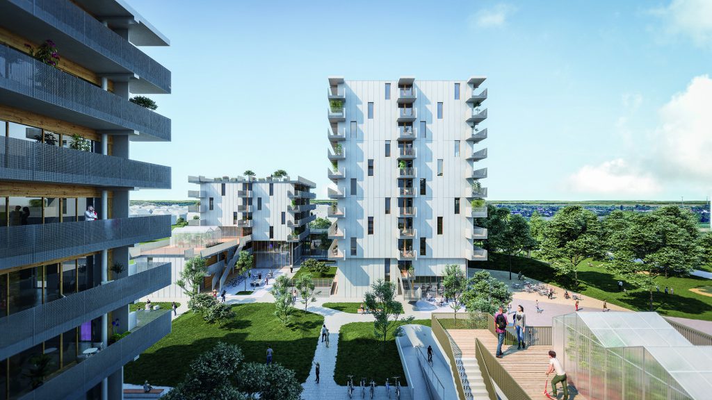 Multi-storey, rectangular, white house with balconies