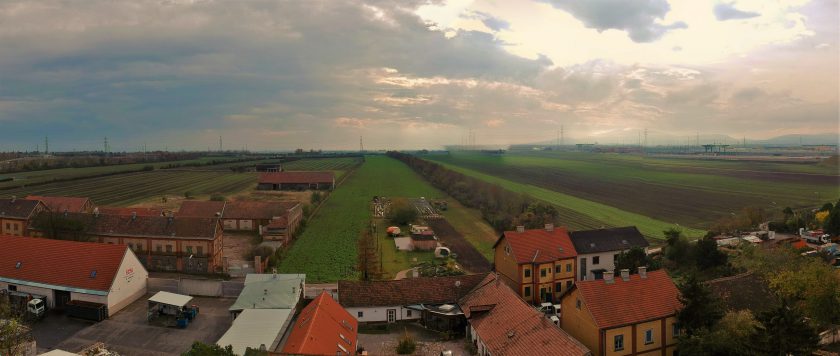 Häuser von oben mit Feldern im Hintergrund