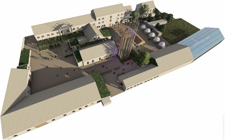 Rendering eines Häuser-Ensembles mit Grünflächen