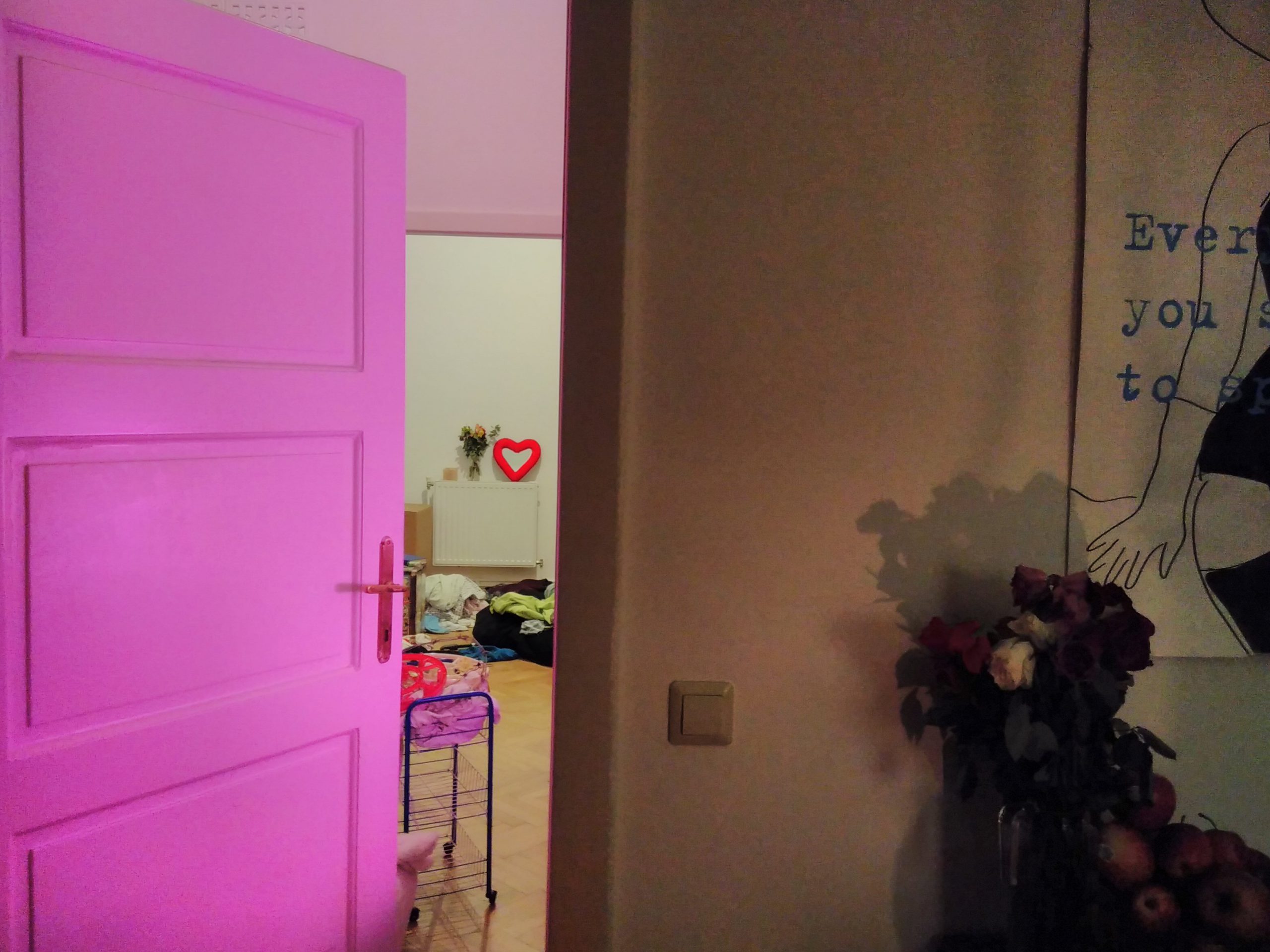 room with pink door