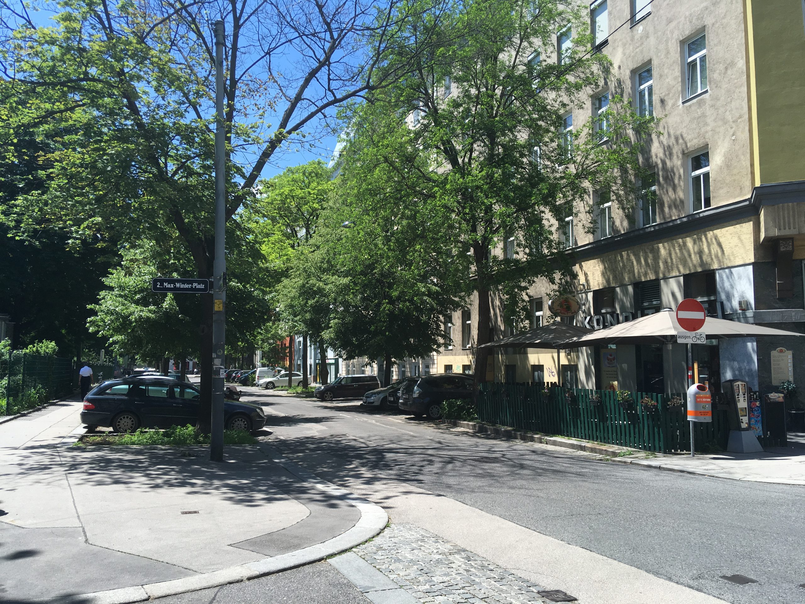 a street with a house and trees