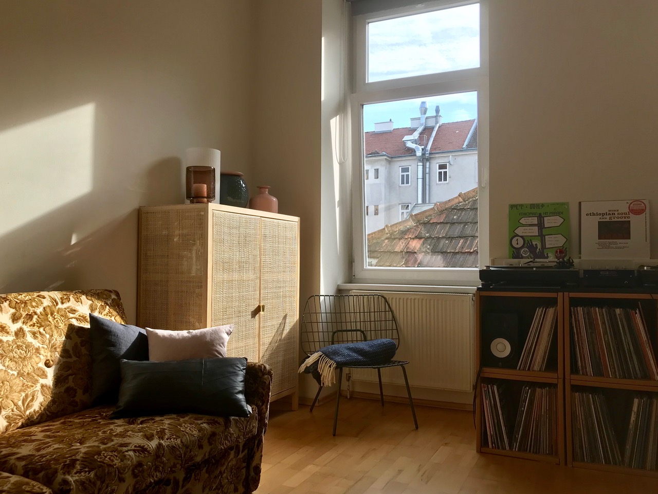 Room with couch and record collection