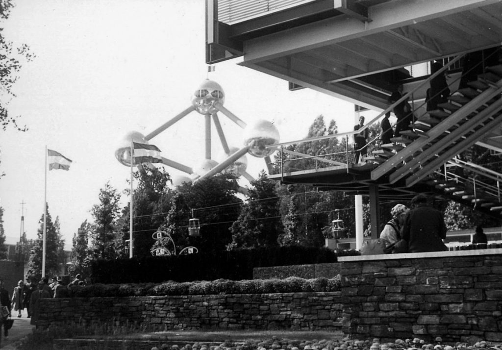 black white photograph of the Atomium in Brussels