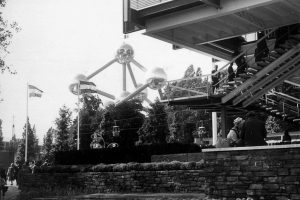 black white photograph of the Atomium in Brussels