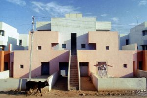 A cow in front of building