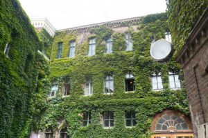 green façade on apartment building