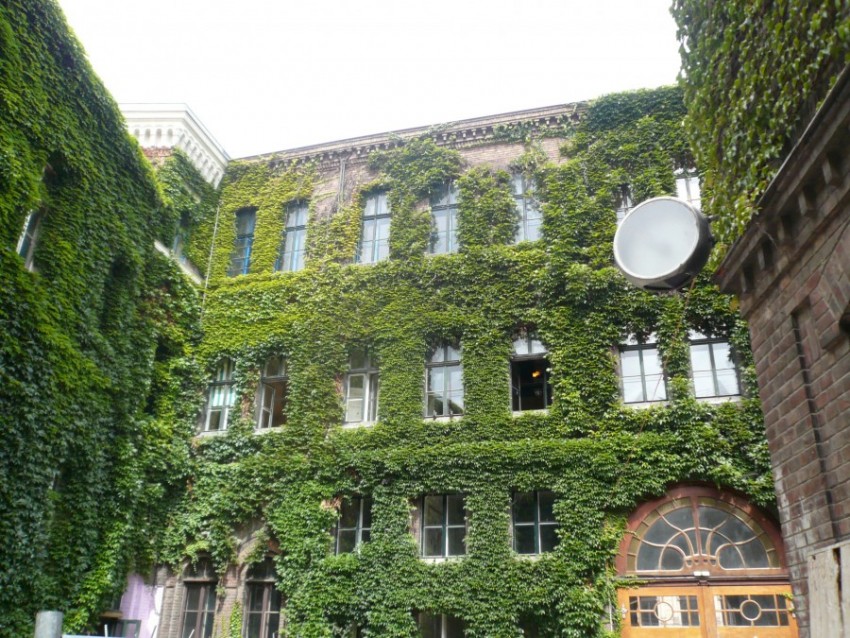 green façade on apartment building