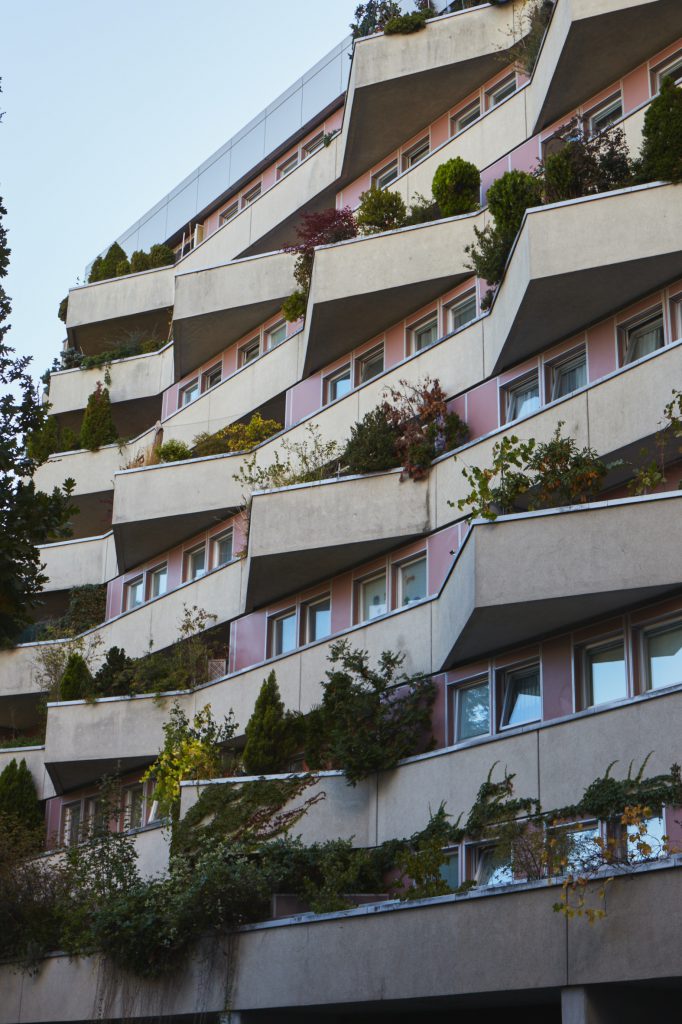 façade of apartment housing with triangular balconys