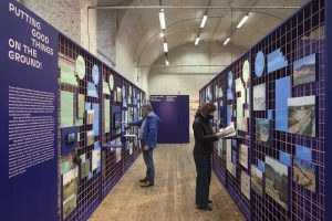 2 persons stand in front of blue walls with pink giter and read