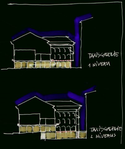 Sketch on black background with drawing in white, blue and brown