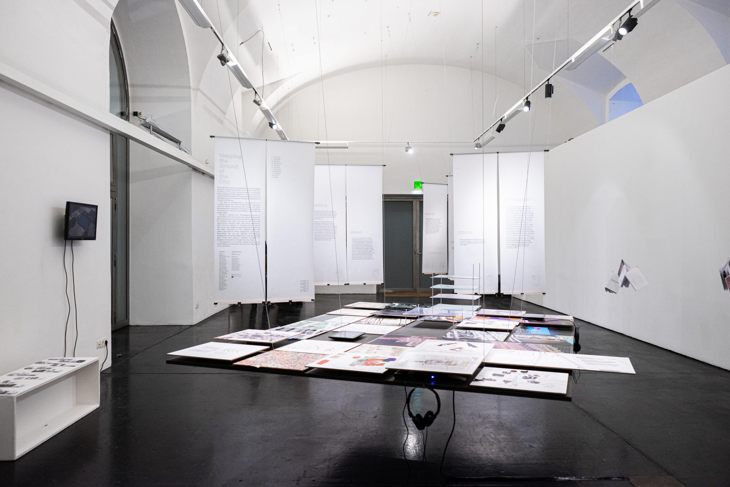 White room with floating panels