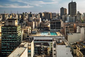 View on big city with pool in the roof