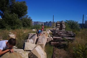 Children on large stones in a wasteland next to residential buildings