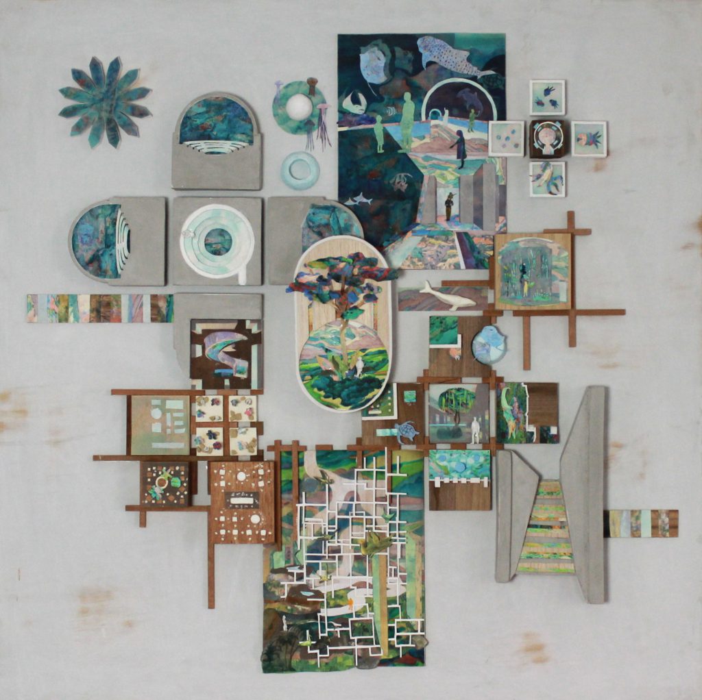 Top view of architectural plan in different shades of green and blue