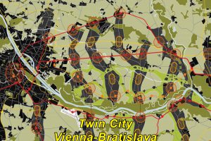 computer-gezeichnter Plan einer Landschaft mit Fluss und Städten