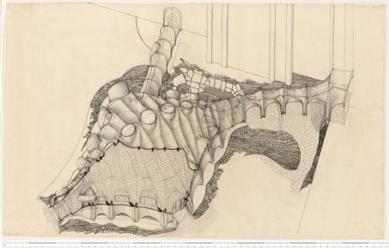 Pencil drawing featuring domes and arcades