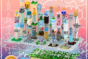 pixelated image in computer animated look with different high towers in front of pink-blue background