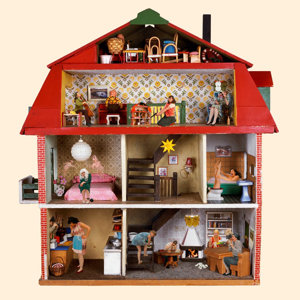 Collage from doll house with real people in it doing different activities