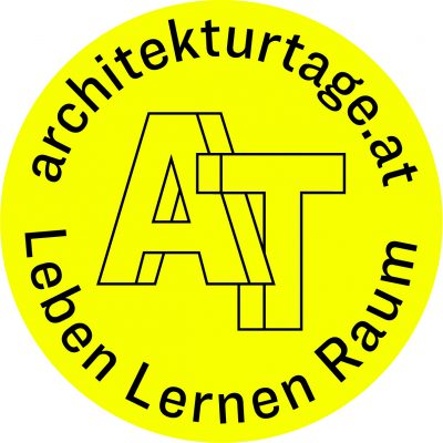 gelber Kreis mit Schrift Architekturtage Leben Lernen Raum