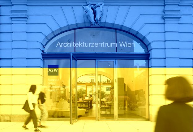 blue yellow photo with 3 people in front of an entrance with the lettering Architekturzentrum Wien