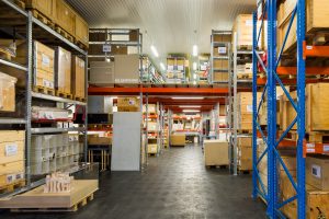 Depot with many shelves and boxes