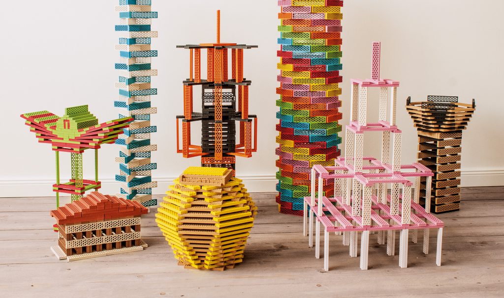 Sculptures built from colourful building blocks