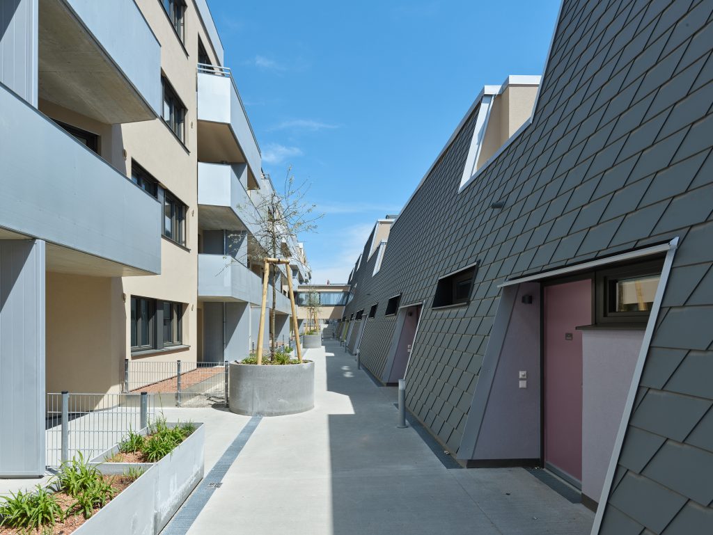 kleiner Weg mit links und rechts moderen Wohnbauten, dahinter blauer Himmel mit Sonnenschein