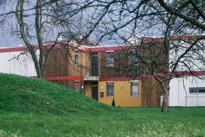Wohnhaus in Holz mit weißen und hellbraunen Flächen, davor eine Wiese mit Bäumen