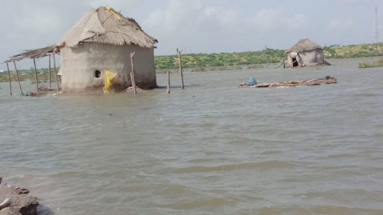 Mud huts with thatched roofs under water