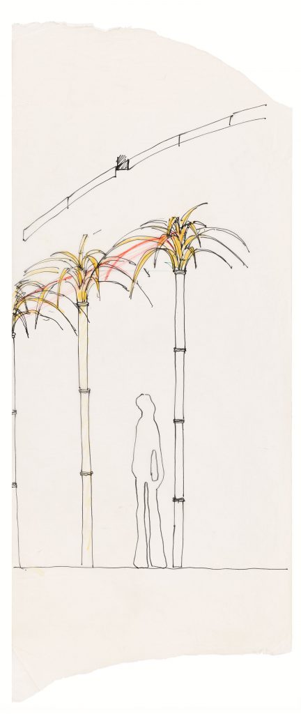 a drawing with palm trees and a person