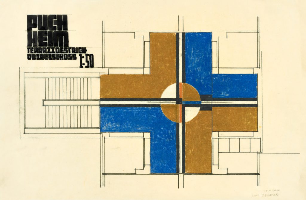 architektonische Zeichnung mit den Farben blau und braun und einem Schriftzug mit fetten Lettern