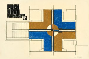 Architectural drawing with the colours blue and brown and a lettering with bold letters
