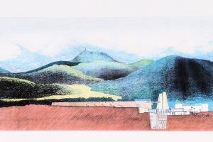 Zeichnung mit Hügeln in den Farben blau. grün, rot und schwarz